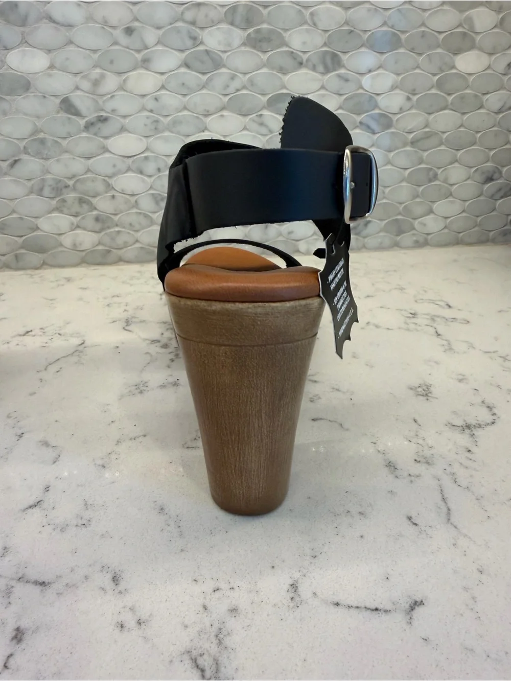 Eric Michael Black Wedge Sandals with Tan Platform